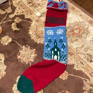 Knit vintage Noel stocking with church and snowflakes- not perfect see pics